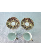 vintage porcelain coffee tea two cups  with saucer in silk box  Teppanom set spirite pattern ancient art ceramic  thai benjarong       